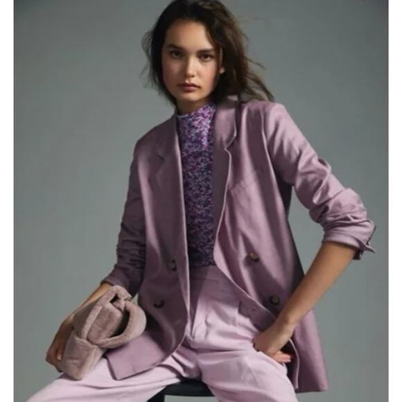NWT Anthropologie Maeve Double Breasted‎ Linen Blazer Lilac Sz 12 Modern Career - Picture 2 of 11